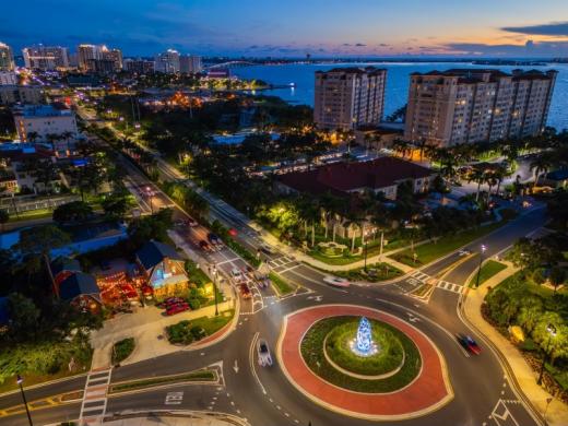"Poly" by Hou de Sousa at the 14th Street Roundabout - Steel, cylinder-shaped sculpture painted in different shades of blue. As its title suggests, Poly represents multiple aspects of Sarasota's na... Photo 2