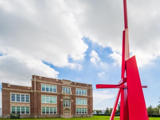 "Complexus" by John Henry - Steel sculpture made of several vertical forms painted bright red. Created by nationally known artist, John Henry, this monumental sculpture was donated to the City of S... Photo 3