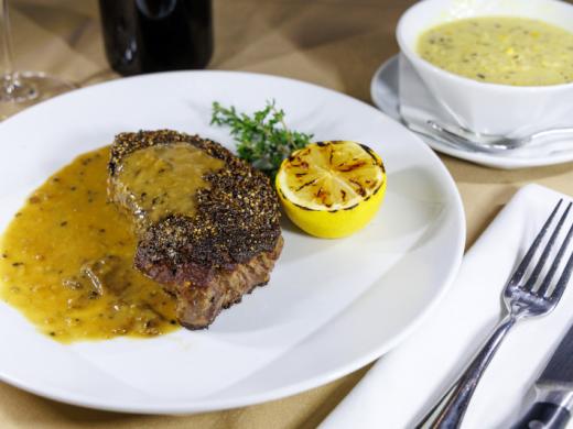 Masō Au Poivre - Pepper Crusted NY Strip with Brandy Cream Sauce Photo