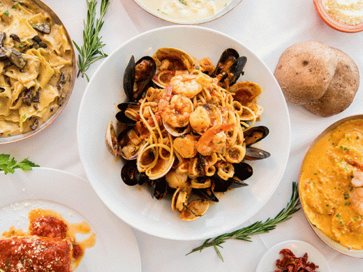 Linguine Scoglio - (Center) Linguine Scoglio: Linguine with shrimp, 
scallops, mussels, clams, and calamari in spicy marinara sauce Photo 14