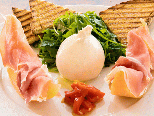 Mozzarella di Bufala - Mozzarella di Bufala: Freshly-imported buffalo mozzarella with Prosciutto San Daniele, roasted peppers, arugula, sliced tomatoes Photo 6