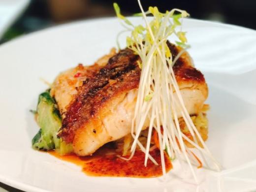 Snapper - Gulf Yellowtail Snapper, pan seared, coconut fried rice, soy-ginger glaze, sesame almond julienne vegetables, orange mustard vinaigrette. Photo 6