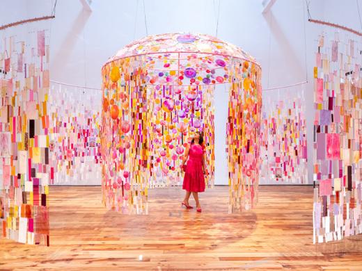 "Lillian Blades: Through the Veil" - Visitor viewing “Lillian Blades: Through the Veil,” June 1-October 26, 2025, Sarasota Art Museum. Photo by Harry Sayer. Photo 2