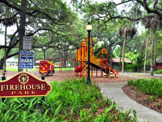 Firehouse Park - This park has a fun “Firefighter” inspired design. Come “rescue” the day! Playground, swing-set, picnic tables & grill and allows leashed pets. Photo