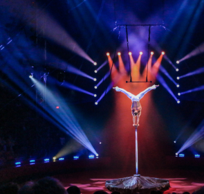 Circus Performer doing a hand stand stunt on tall pole