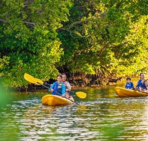 family kayaking at the bay park