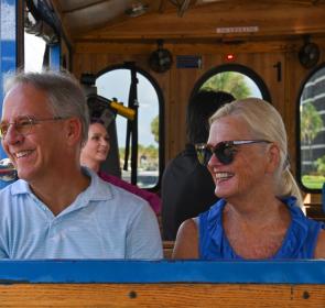 older couple riding the free trolley in sarasota fl