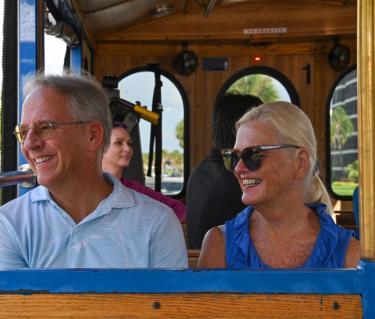 older couple riding the free trolley in sarasota fl
