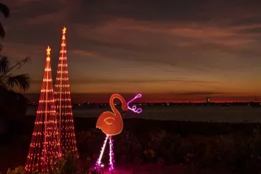 Light up trees and flamingos by water. in late evening