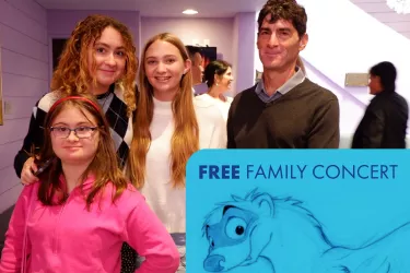 Smiling family attending a concert with a graphic of a ferret