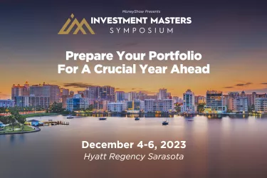 Sarasota skyline, Text reads MoneyShow Presents the Investment Masters Symposium "Prepare Your Portfolio for a Crucial Year Ahead"