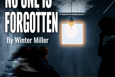 White text reads "No One Is Forgotten by Winter Miller" over the image of two people in a concrete cell illuminated by a single light bulb.
