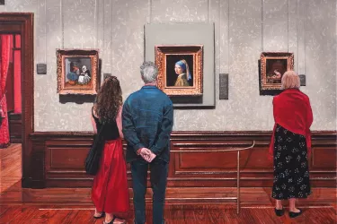 Joe Fig (American, born 1968). Vermeer: Girl with a Pearl Earring / Mauritshuis, 2023. Oil on linen mounted on MDF board, 13 x 15 ¾ in. Courtesy of the artist.