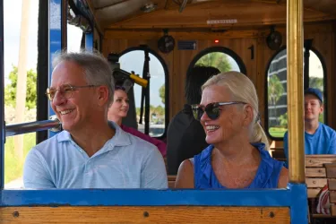 older couple riding the free trolley in sarasota fl
