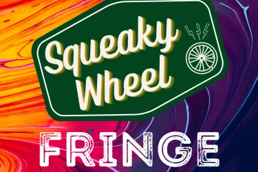 Squeaky Wheel Fringe Logo with rainbow paint swirl background
