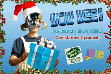Andie the Android in a Santa Hat with a bloody gift wrapped box