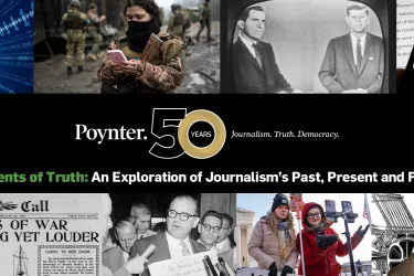 Graphic of Poynter's Moments of Truth 50th anniversary exhibit.