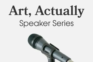 Microphone on stand with Art, Actually Speaker Series in writing above.