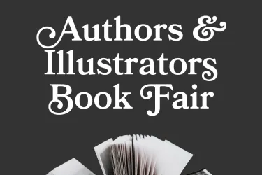 A book with open pages and Authors & Illustrators Book Fair in writing above it with Art Center Sarasota logo.