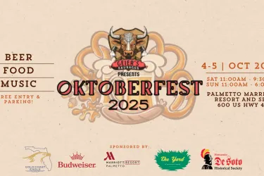 Get Ready for Oktoberfest 2025 at the Palmetto Marriott Resort & Spa! 🍺🥨🎶  Join us for a weekend of authentic German celebration at Oktoberfest 2025, proudly presented by Geier's Sausages! Set against the beautiful backdrop of the Palmetto Marriott Resort & Spa, this two-day festival will feature cold beer, delicious food, and live music to keep the party going all weekend long.  🗓 Dates: Saturday, October 4 | 11:00 AM – 9:30 PM Sunday, October 5 | 11:00 AM – 6:00 PM  📍 Location: Palmetto Marriott Reso