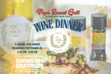 Invitation to wine dinner, showing seafood dish with wine