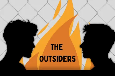 The poster for The Outsiders features two silhouetted figures facing each other against a backdrop of flames and a chain-link fence, symbolizing conflict, connection, and intensity.