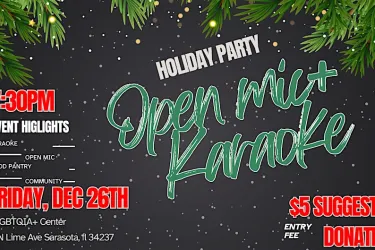 Image flyer with black background and white flecks to look like snow and  evergreen branches poking in across the top border. Bright green text reads "Open Mic Karaoke" with event details surrounding in smaller block font