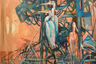 Two white birds in the bayou on an orange background