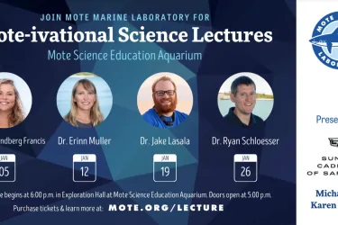 Image of the scientists speaking at Mote-ivational Science Lectures. From left to right: Dr. Kirstie Francis , Dr. Erinn Muller, Dr. Jake Lasala, and Dr. Ryan Schloesser