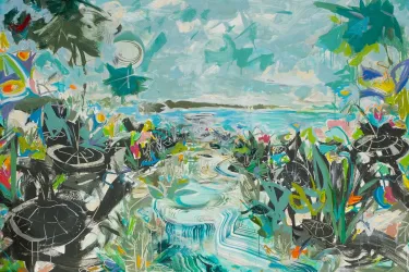 Abstract painting with black snapping turtles looking into the water 