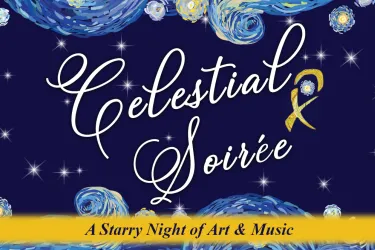 Verbiage stating Celestial Soiree: A Starry Night of Art and Music appears over a dark blue moody celestial background