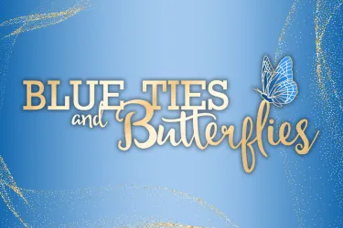 Gold logo on blue background - Blue Ties & Butterflies