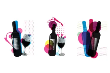 Three stylized wine bottle and glass compositions with colorful overlapping shapes and dotted patterns on a light background.