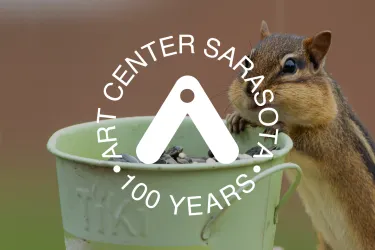 Image of a chipmunk eating seeds out of a small bucket, with Art Center Sarasota's logo