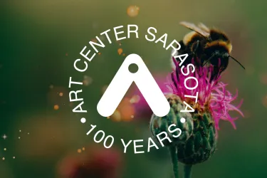 Image of a bee on a pink flower, with glowing sparkles around it. Art Center Sarasota logo is layered on top.
