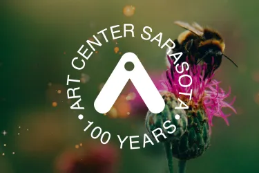 Image of a bee on a pink flower, with glowing sparkles around it. Art Center Sarasota logo is layered on top.