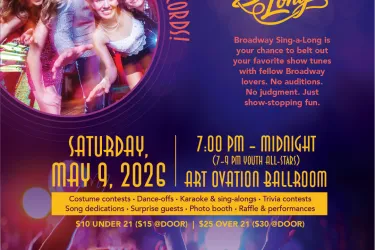 Poster of Sing-Along event on 5/9, 7pm to Midnight. With DJ, dancing, singing, prizes, costumes, performances, and surprises.