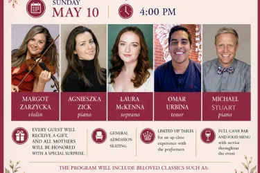 Promotional Flyer for the Margot and Friends Mother's Day Concert taking place at Art Ovation Hotel May 10th at 4pm