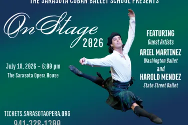 A male dancer in a kilt leaps in the air promoting On Stage 2026 on July 18 at the Sarasota Opera House
