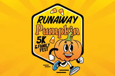 Logo on orange and yellow background. Text says "Runaway Pumpkin 5K & Family Fest"