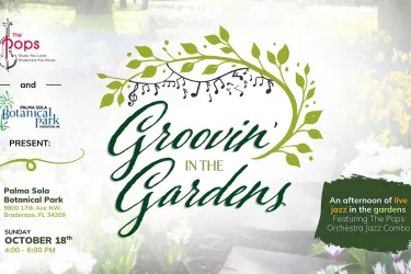 Groovin' in the Gardens Logo graphic with green tree with music notes hanging down.