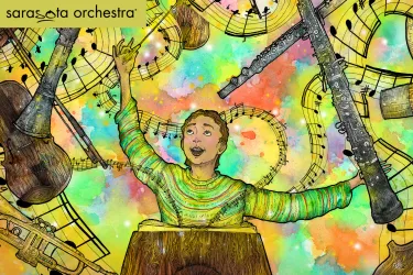 A happy young music lover marvels at instruments