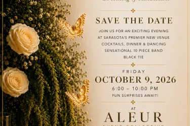 Golden Wings Gala event flyer featuring an elegant black and gold design with event details, dinner, dancing, live 10-piece band, and fundraising benefitting The Sisterhood Project USA. 