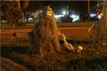 Handmade swamp monster and skeleton display at Halloween on S. Lime in Sarasota.