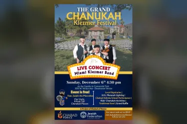 Flyer for the Grand Chanukah Klezmer Festival with the Miami Klezmer Band, Sunday December 6 at 4:30 pm in Centennial Park, Venice