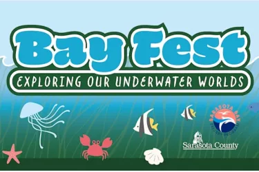 Cartoon underwater scene with text: "Bay Fest, Exploring our Underwater Worlds." Photo