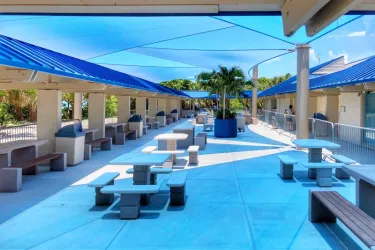 Shade Sails at Lido Beach Pavilion - These sails really transform the outdoor eating and sitting area. The triangular-shaped canopies offer shade and screen out the sunshine. The Shade material is ... Photo